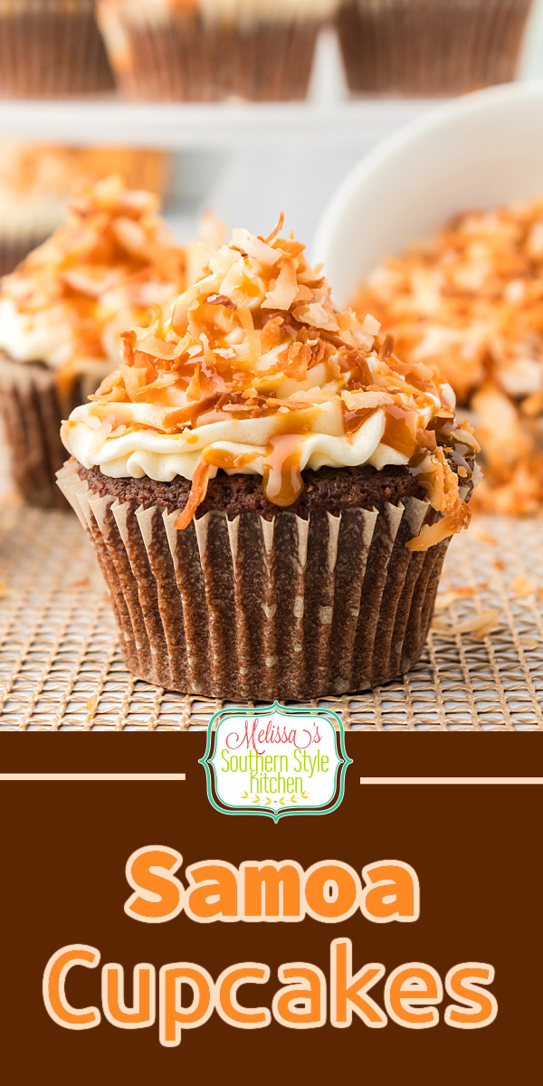 This Samoa Cupcakes recipe features a chocolate cupcake and buttercream icing topped with toasted coconut and a drizzle of caramel sauce. #samoacookies #samoacupcakes #easycupcakerecipes #howtomakecupcakes #chocolatecake #chocolatecupcakes #cupcakerecipes #buttercreamicing