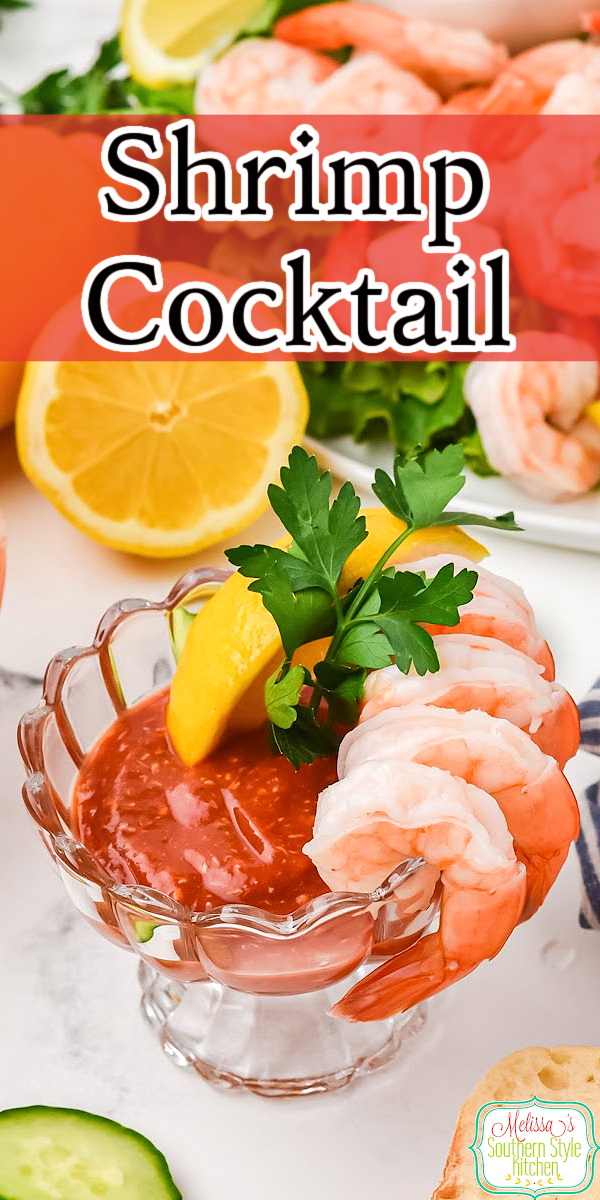 This Shrimp Cocktail recipe is served with classic cocktail sauce and a fresh lemon dill sauce on the side for dipping #shrimpcocktail #shrimprecipes #cocktailsauce #shrimp #shrimpappetizers #lemondillsauce #seafoodrecipes via @melissasssk