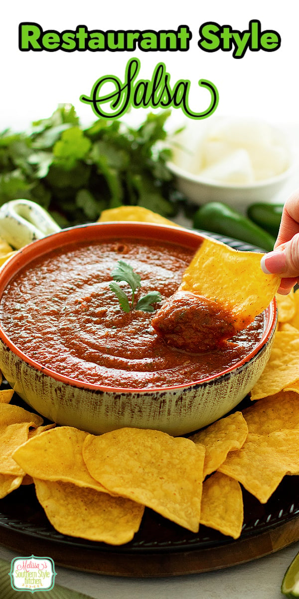 This Restaurant Style Salsa recipe can be served with tortilla chips or any of your Mexican favorites #salsa #restaurantsalsa #salsarecipes #easysalsarecipe #bestsalsarecipe #tomatosalsa