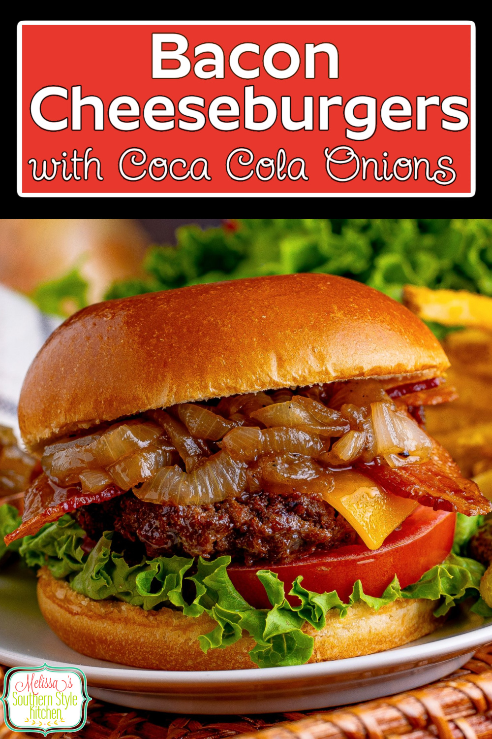 These big and juicy Bacon Cheeseburgers with Coca Cola Onions will bring the family running to the table every time. #cheeseburgers #cocacola #baconcheeseburgers #easyburgerrecipes #baconcheeseburgerrecipe #caramelizedonions #cocacolaonions