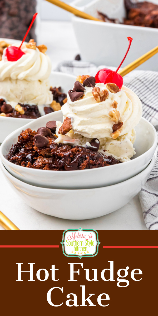 This Hot Fudge Cake recipe can be served warm as is or a la mode topped with vanilla ice cream and your favorite hot fudge sundae toppings #hotfudgecake #hotfudgesundae #fudgecake #chocolatecakerecipes #easycakerecipes #easyhotfudgecake via @melissasssk