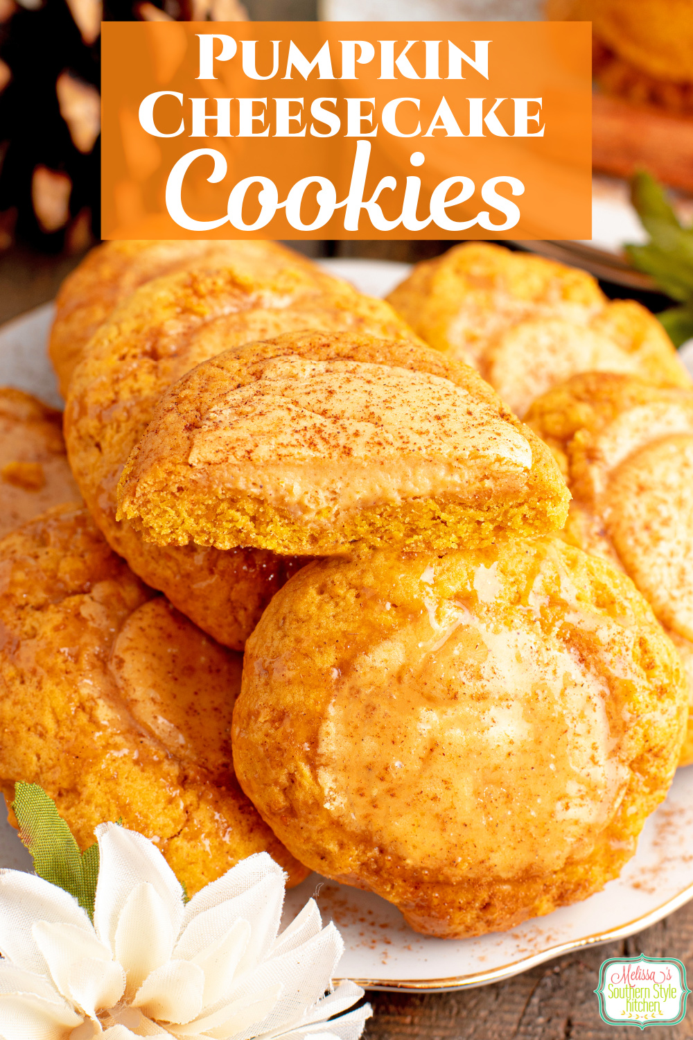These homemade Pumpkin Cheesecake Cookies have a buttery graham cracker base with a hint of pumpkin and warm fall spices #pumpkinrecipes #pumpkincookies #pumpkincheesecake #cheesecakecookies #pumpkindesserts via @melissasssk