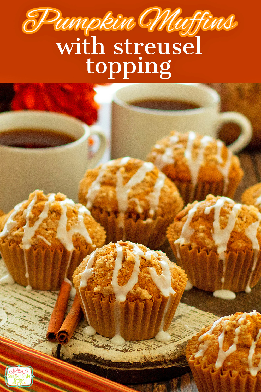 Enjoy these Pumpkin Muffins with Streusel Topping with a cup of Joe or hot tea #pumpkinmuffins #pumpkinrecipes #pumpkindesserts #easymuffins #muffinrecipes #easypumpkinrecipes #streuselmuffins #pumpkin