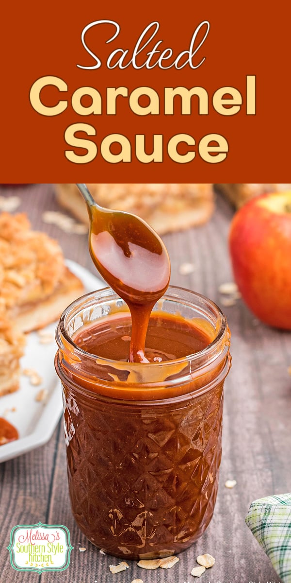 This Salted Caramel Sauce Recipe can be drizzled on ice cream, cake, used as a dip for cookies and fresh fruit or as a glaze for doughnuts #saltedcaramel #caramelrecipes #saltedcaramelsauce #caramelsauce #icecreamtoppings #carameldesserts