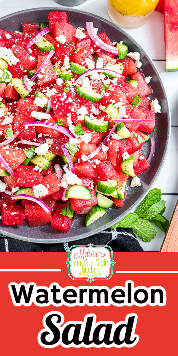This fresh and delicious Watermelon Salad features tangy red onions, cucumbers and feta cheese all tossed with a homemade lime vinaigrette. #watemelon #watermelonsalad #saladrecipes #salads #watermelonrecipes #bbqsidedishrecipes #fruitsaladrecipes