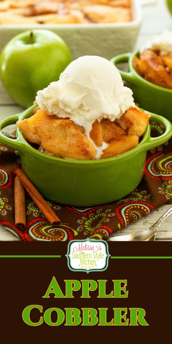 This Apple Cobbler recipe features a homemade cinnamon apple filling and buttery batter that's baked until it's puffed and golden. #applerecipes #applecobbler #easycobblerrecipes #appledesserts #easyapplecobbler #cobbler #fallbaking #thanksgivingdesserts #apples