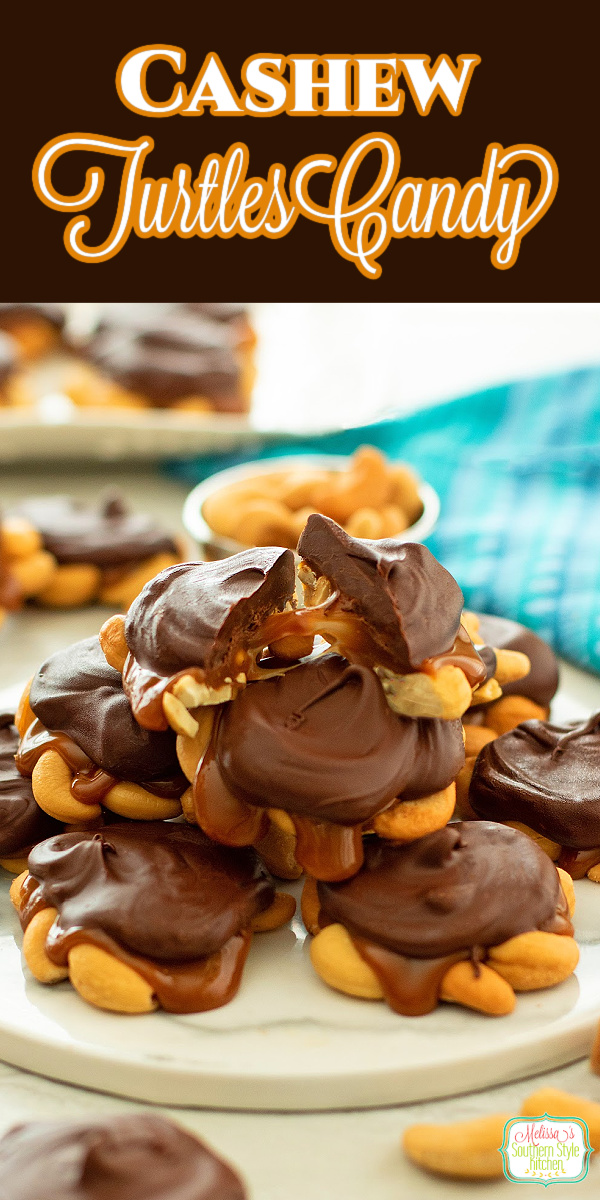 This easy chocolate caramel Cashew Turtles Candy recipe is ideal for homemade gift giving and adding to your two bite holiday sweets. #candy #turtlescandy #cashewturtles #homemadecandy #sweets #christmascandy #caramel #cashews via @melissasssk
