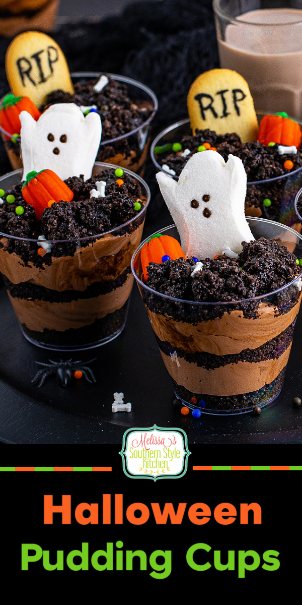 These Halloween Pudding Cups are a fun and delicious option for the tiny ghosts and goblins to make and enjoy! #dirtcups #chocolatepudding #chocolatepuddingcups #oreodirtcups #puddingrecipes #chocolatedesserts #halloweendesserts #halloweendessertrecipes