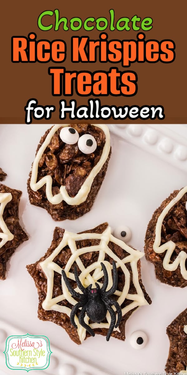 These Chocolate Rice Krispies Treats for Halloween are a fun family project! #chocolatericekrispiestreats #ricekrispiestreats #easychocolatedesserts #diyricekrispiestreats #ricekrispies #chocolatetreats #halloweendesserts