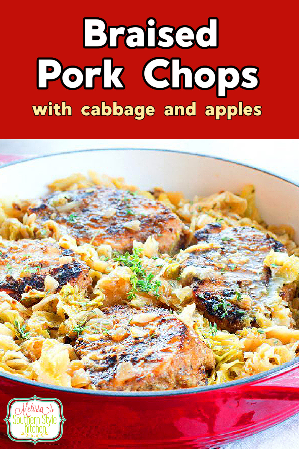 These thick cut pork chops are rubbed with Cajun seasonings then simmered with cabbage and apples until fall apart tender #porkchops #porkrecipes #cabbage #apples #braisedcabbage #braisedporkchops #fall #fallfood #southernrecipes #southernfood #harvestrecipes