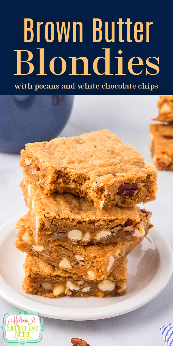 This Brown Butter Blondies recipe features a rich depth of flavor with white chocolate chips and toasted pecans for added texture. #brownbutter #brownies #blondies #blondiesrecipe #brownbutterblondies #easyblondierecipes #cookiebars
