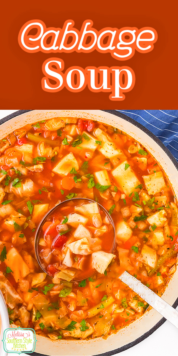 Serve a big bowl of this easy Cabbage Soup with a side of garlic bread, cornbread or artisan bread for dipping in the flavorful broth #cabbagesoup #lowcarbsouprecipes #easycabbagerecipes #cabbage #cabbagesouprecipe #ketocabbagesoup #weightwatcherscabbagesoup