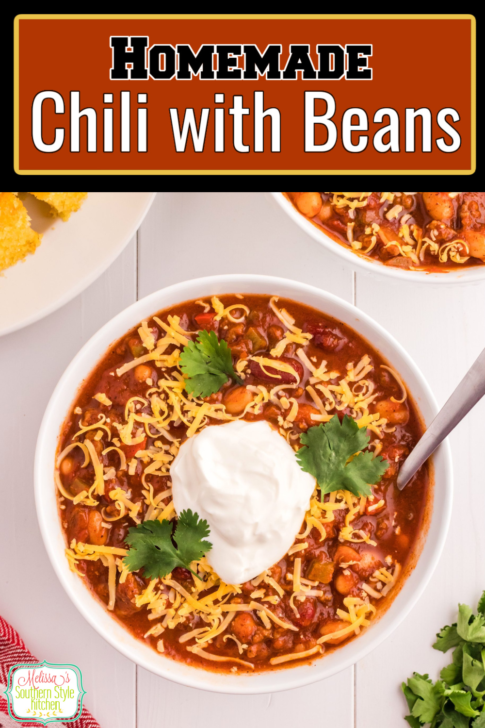Top this Chili with Beans recipe with your favorite fixings and add a side of cornbread for a homestyle supper any day of the week. #chili #chilibeans #chilirecipes #easygroundbeefrecipes #bestchilirecipes #easydinnerrecipes #beans via @melissasssk