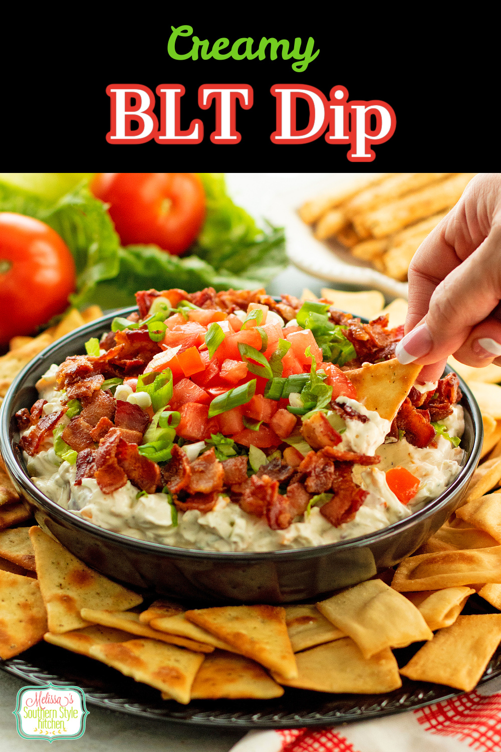 This creamy BLT Dip recipe features classic flavors making it a delicious dip to serve with crostini, garlic bread or pita chips for dipping. #BLT #BLTdip #diprecipes #bacon #bacondip #superbowlrecipes #easydiprecipes
