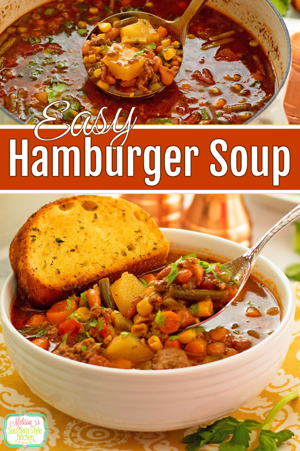 This homestyle Hamburger Soup Recipe creates a family pleasing meal using simple everyday ingredients #hamburgerrecipes #hamburgersoup #souprecipes #easygroundbeefrecipes #soups #besthamburgersoup #hamburgers #vegetablesoup via @melissasssk