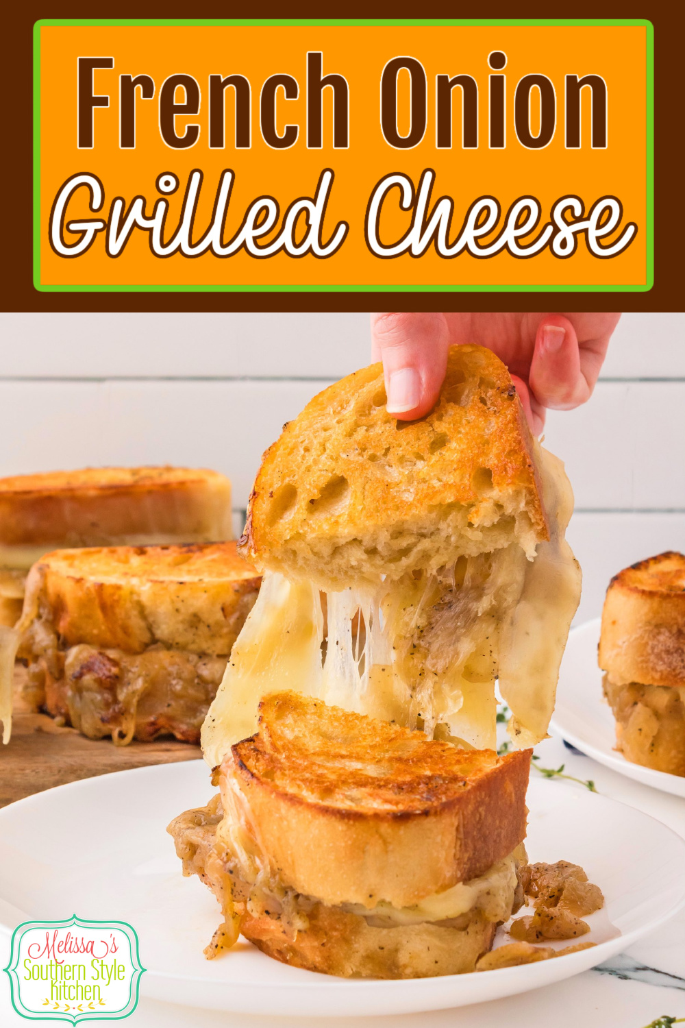 This gooey French Onion Grilled Cheese recipe is served with a bowl of  homemade au jus on the side for dipping #frenchonions #frenchoniongrilledcheese #grilledcheeserecipes #howtomakefrenchonions #aujusrecipe #bestfrenchonionrecipes via @melissasssk