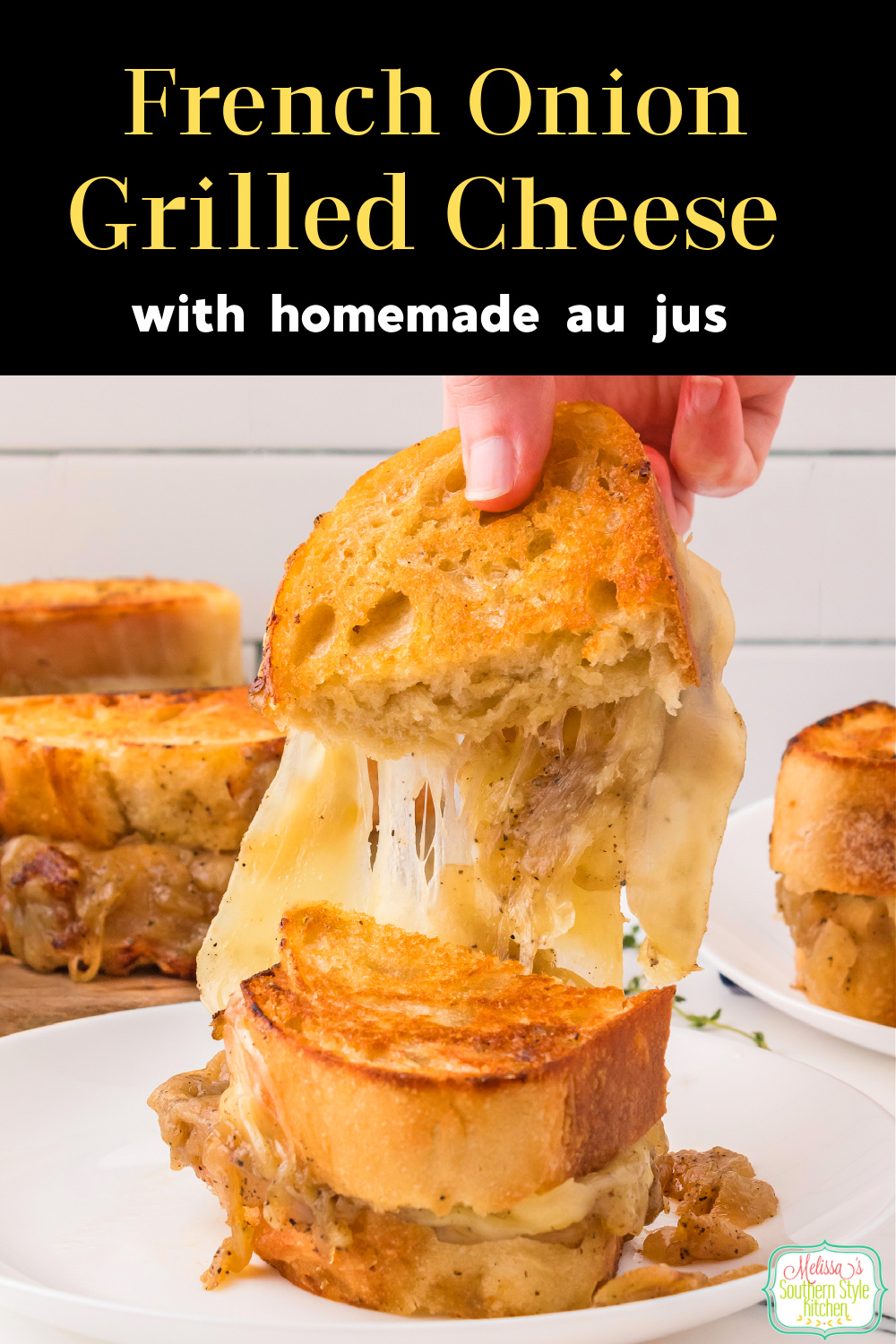 This gooey French Onion Grilled Cheese recipe is served with a bowl of  homemade au jus on the side for dipping #frenchonions #frenchoniongrilledcheese #grilledcheeserecipes #howtomakefrenchonions #aujusrecipe #bestfrenchonionrecipes