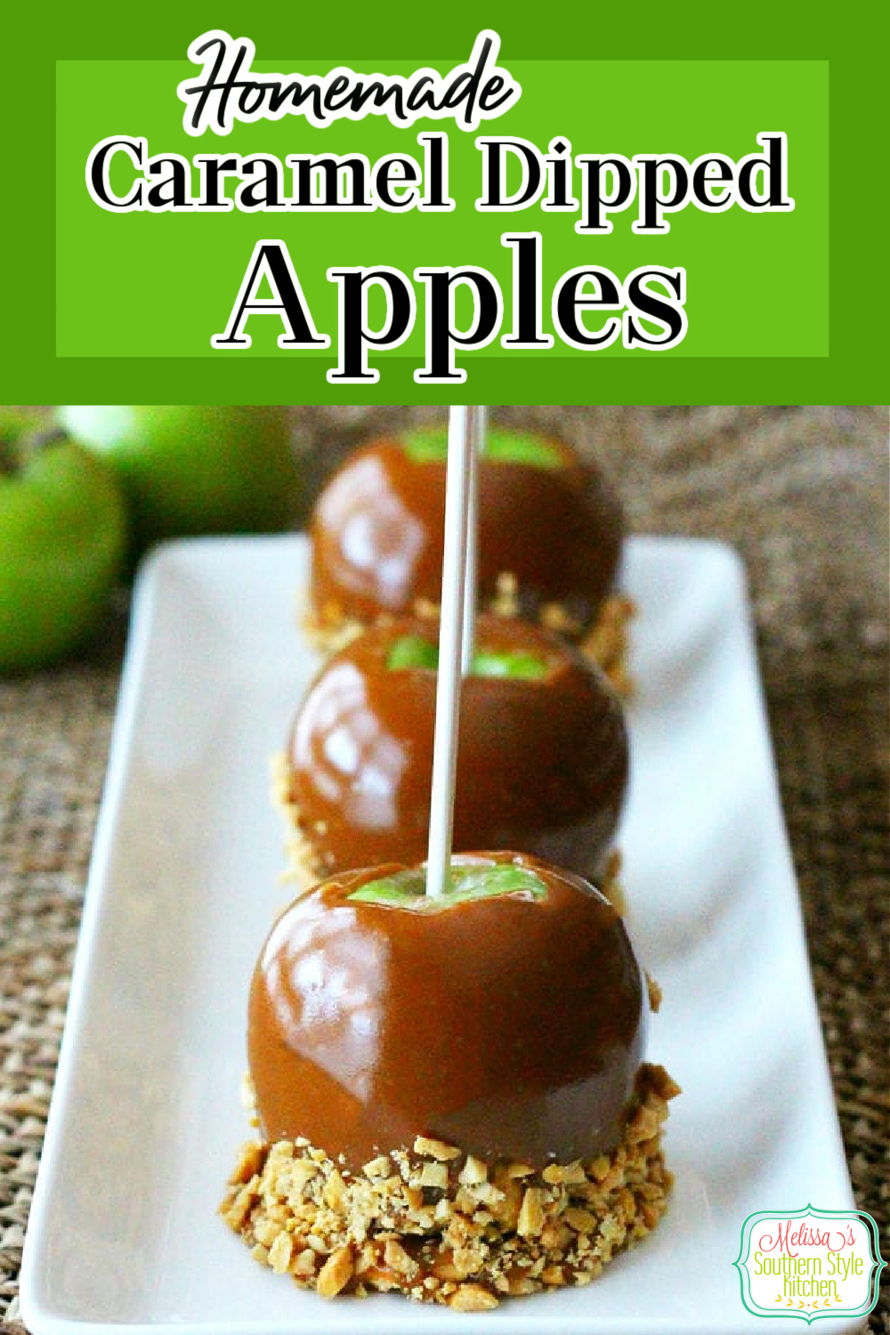 Make your own Caramel Dipped Apples using your favorite variety of apples into this buttery homemade caramel then roll them in nuts, candy, pretzels and more #carameldippedapples #caramelapples #homemadecaramel #apples #candyapples #halloween #fall #desserts #dessertfoodrecipes #southernfood #southernrecipes