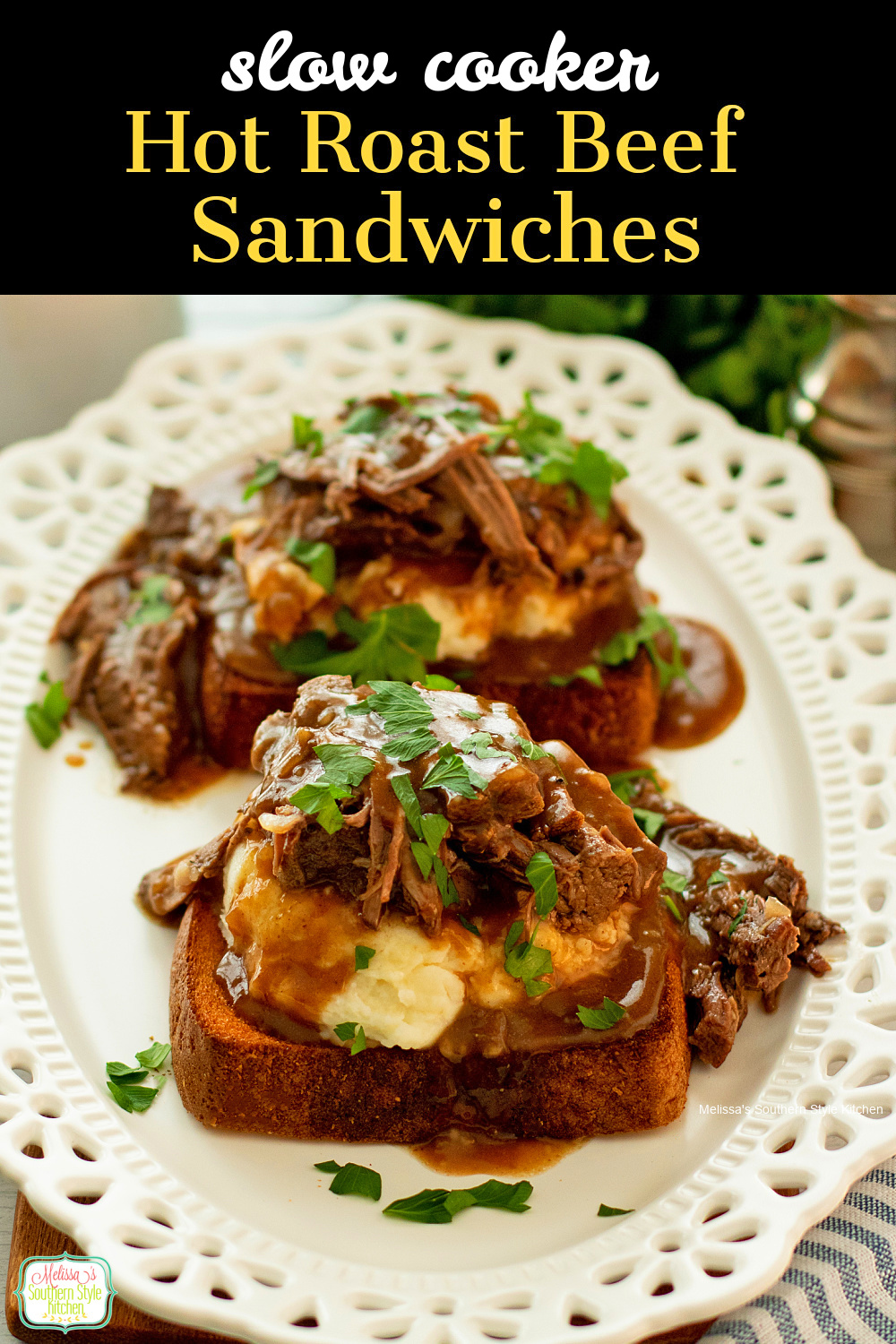 This Hot Roast Beef Sandwiches recipe is rich with flavor. Serve it over mashed potatoes and Texas Toast drizzled with the onion gravy. #hotroastbeef #roastbeef #potroastrecipes #slowcookerroast #crockpotroast #chuckroastrecipe