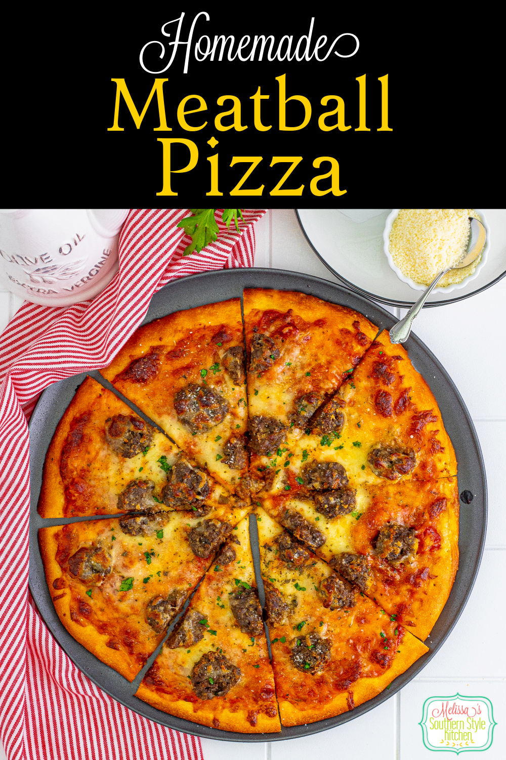 This Meatball Pizza can be enjoyed cut into squares as an appetizer, with a salad for casual meals with the family or game day snacking. #meatballs #pizza #meatballpizzarecipe #Italianmeatballs #meatballs #homemadepizzadough #pizzadough