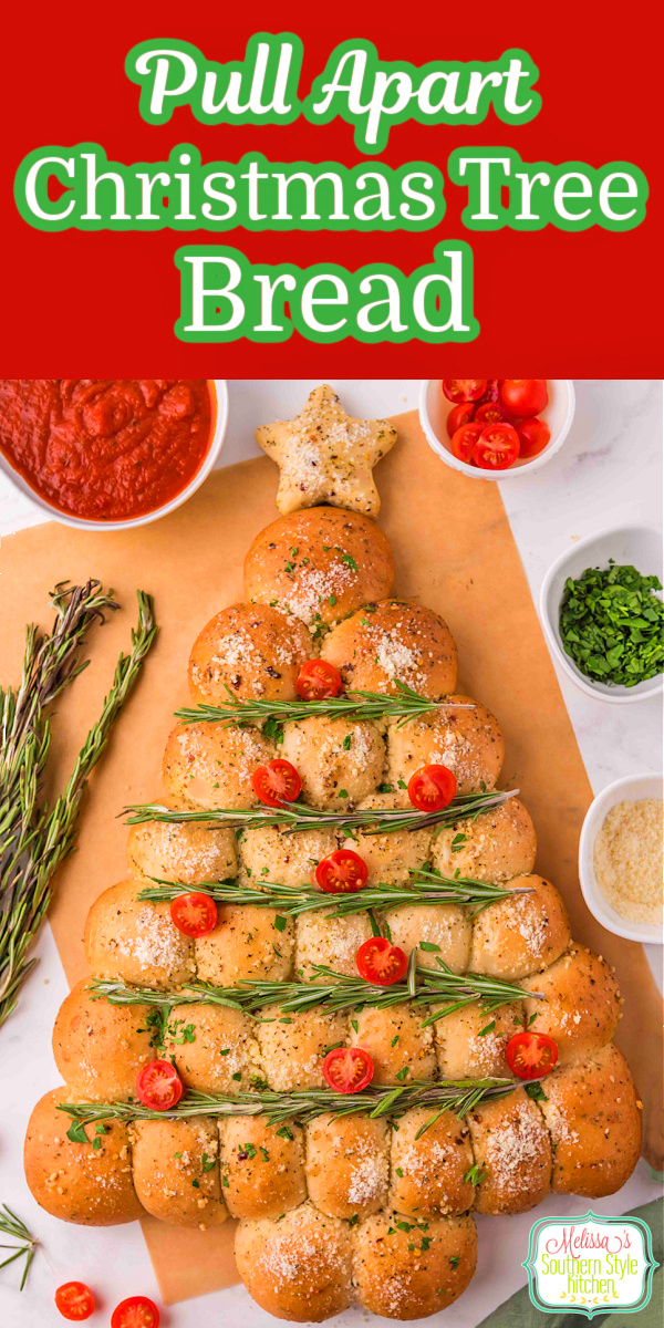This Pull Apart Christmas Tree Bread features dinner rolls stuffed with mozzarella cheese then basted with Italian seasoned butter #dinnerrolls #christmasrolls #christmasbread #breadrecipes #christmas #christmastreebread #easyrollsrecipes via @melissasssk