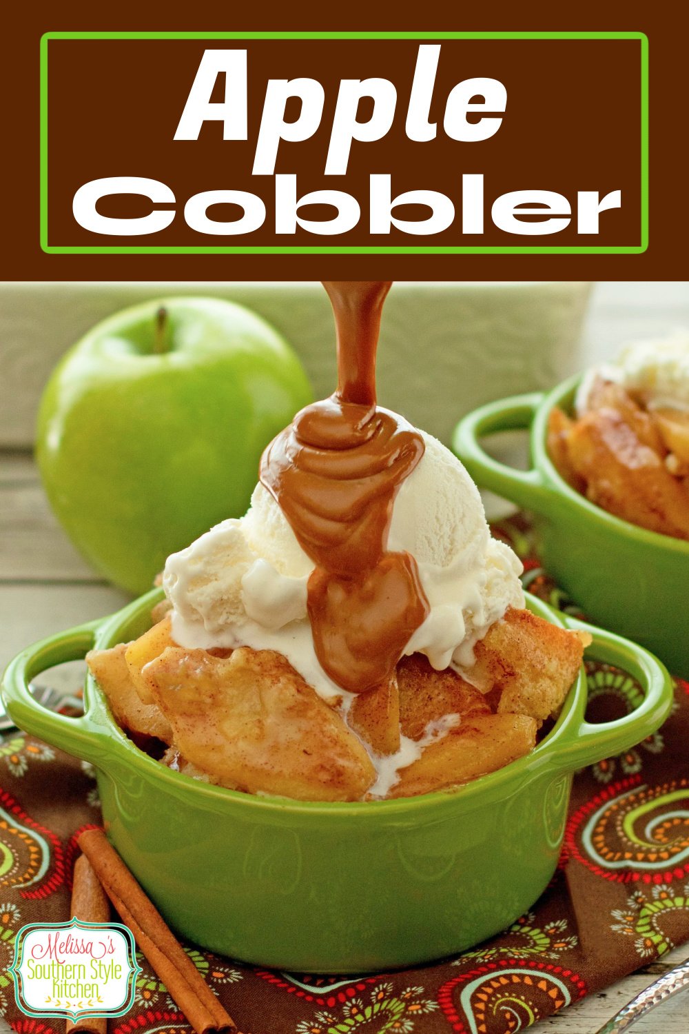 This Apple Cobbler recipe features a homemade cinnamon apple filling and buttery batter that's baked until it's puffed and golden. #applerecipes #applecobbler #easycobblerrecipes #appledesserts #easyapplecobbler #cobbler #fallbaking #thanksgivingdesserts #apples via @melissasssk