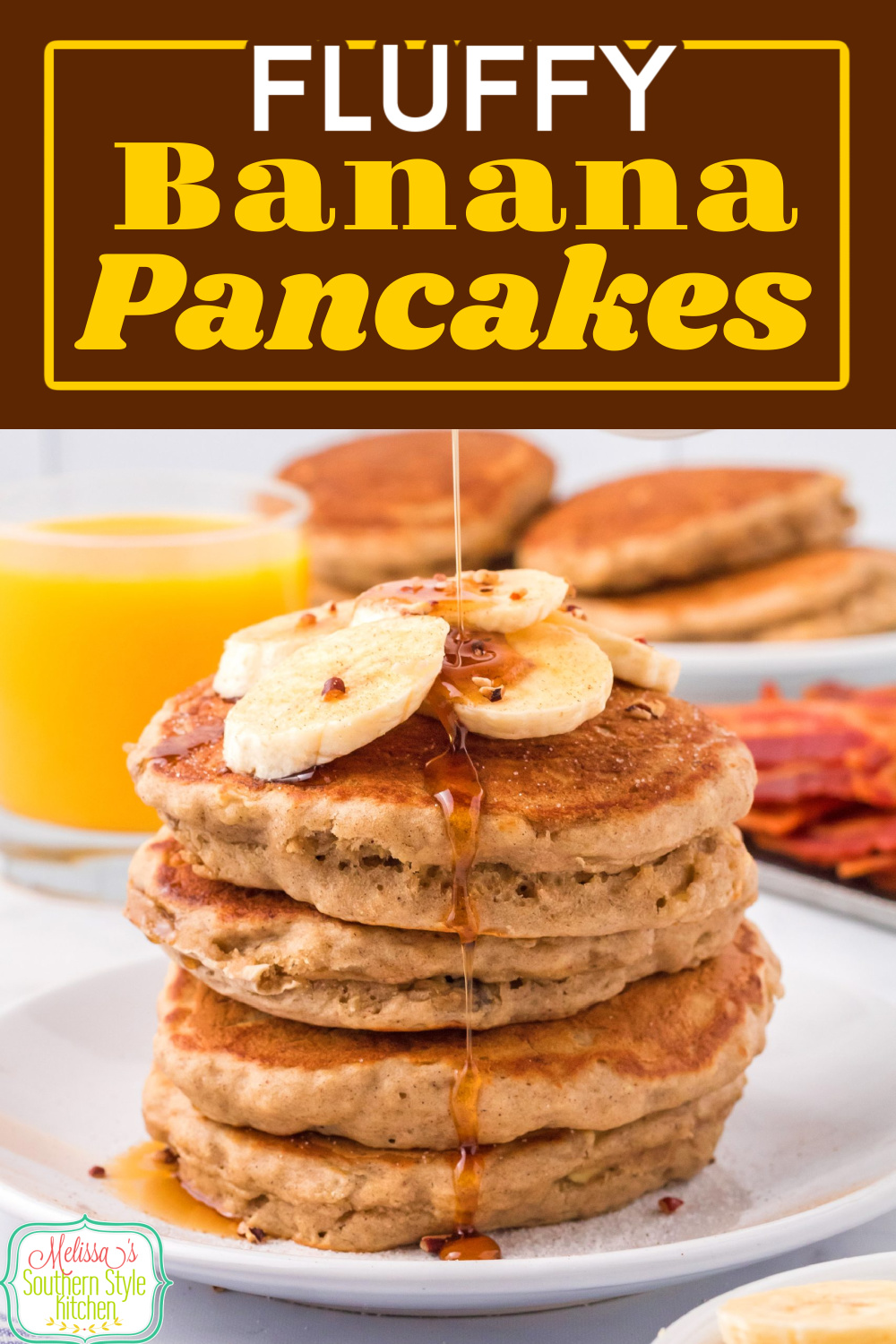 A stack of homemade Banana Pancakes topped with sweet cream butter and drizzled with syrup makes a tasty start to any day #bananabread #bananapancakes #pancakerecipes #bananas #bananarecipes #ripebananas #bestpancakesrecipe #easybananapanackes via @melissasssk