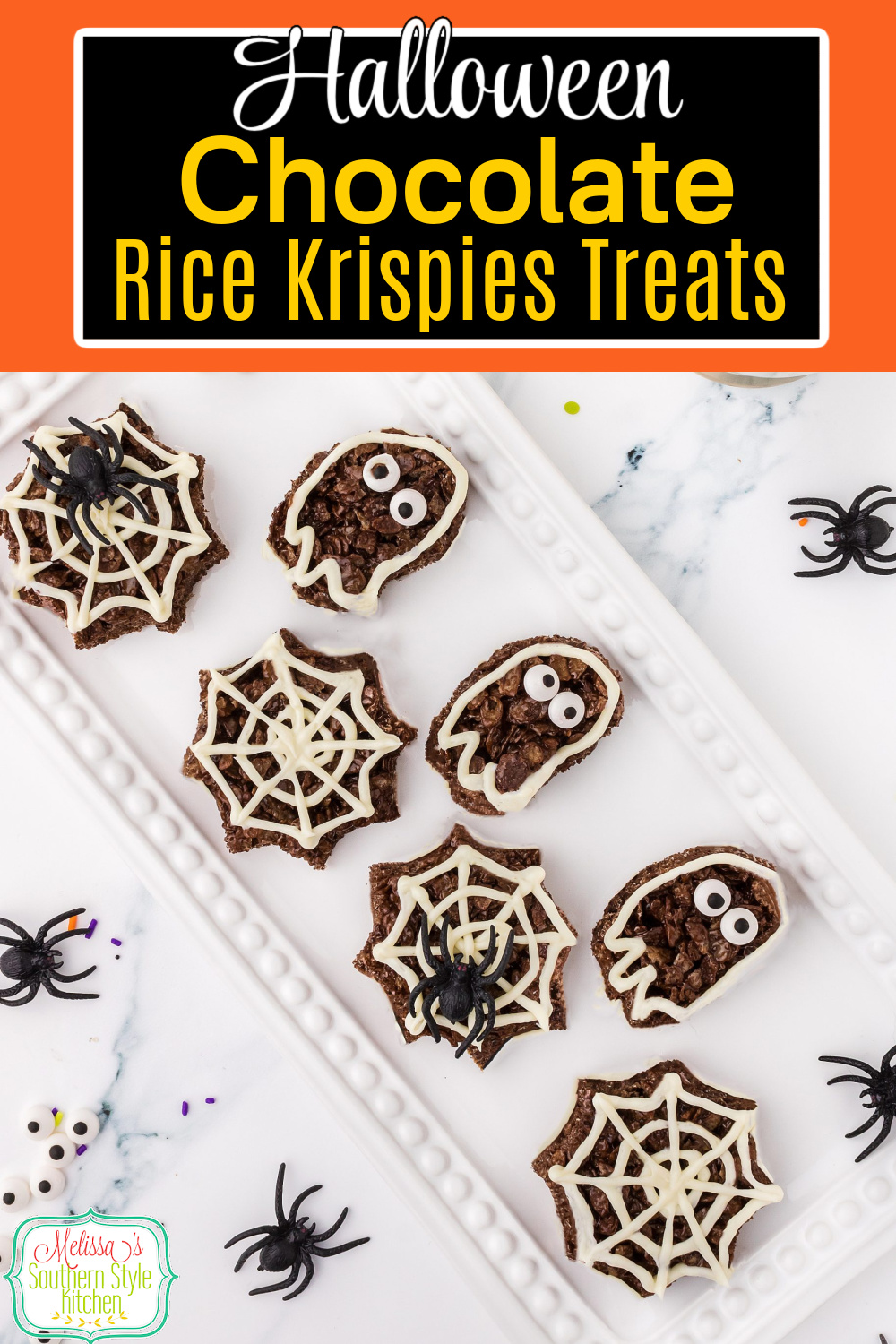 These Chocolate Rice Krispies Treats for Halloween are a fun family project! #chocolatericekrispiestreats #ricekrispiestreats #easychocolatedesserts #diyricekrispiestreats #ricekrispies #chocolatetreats #halloweendesserts via @melissasssk