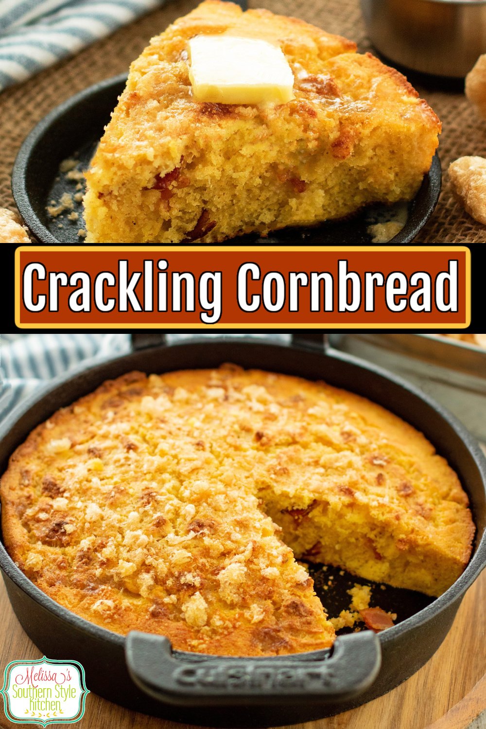 This homemade Crackling Cornbread recipe is embellished with chopped pork cracklins' and smoky bacon to give it another level of flavor. #cornbread #cornbreadrecipe #southerncornbread #homemadecornbread #cracklings #porkrinds #whatarecracklings #cracklingcornbread via @melissasssk