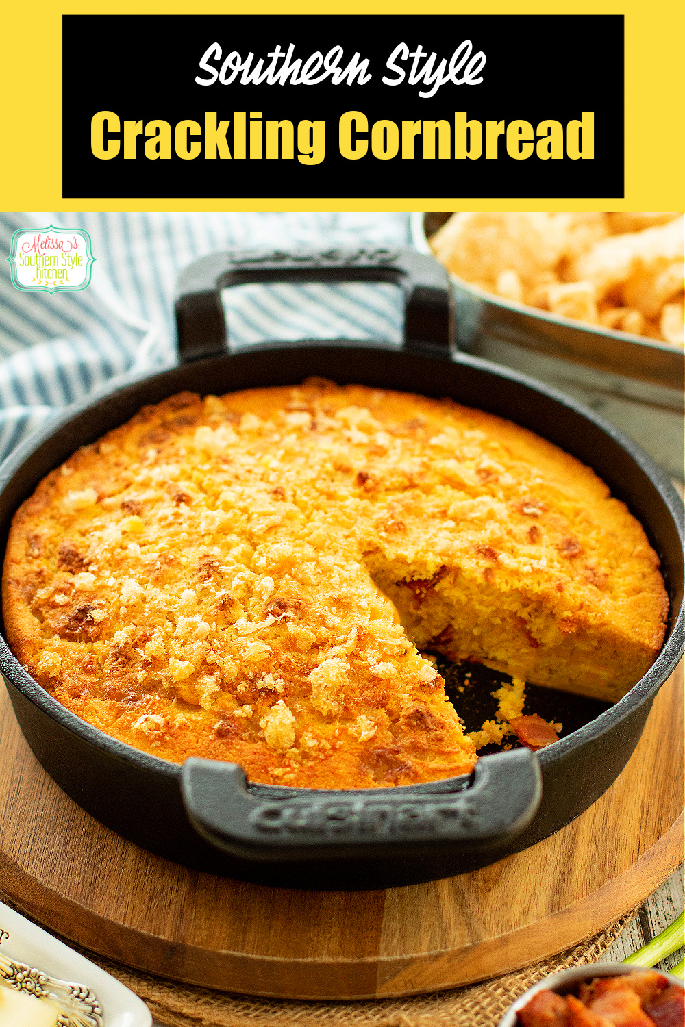 This homemade Crackling Cornbread recipe is embellished with chopped pork cracklins' and smoky bacon to give it another level of flavor. #cornbread #cornbreadrecipe #southerncornbread #homemadecornbread #cracklings #porkrinds #whatarecracklings #cracklingcornbread