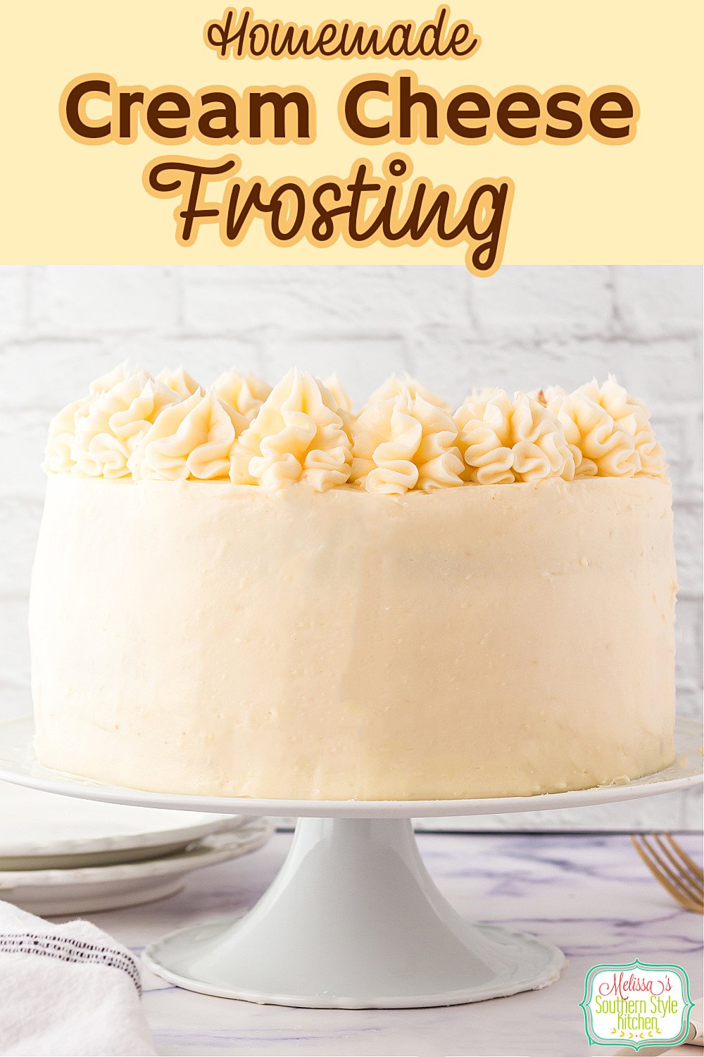 This homemade Cream Cheese Frosting recipe can be used for frosting cupcakes, sheet cakes or layer cakes in any flavor. #creamcheeseicing #homemadefrostings #frostingrecipes #cakeicingrecipes #cakes #cupcakes #creamcheesefrosting