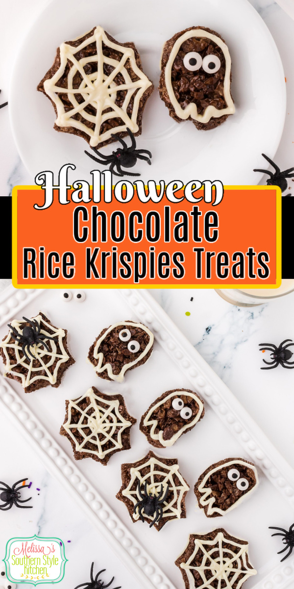 These Chocolate Rice Krispies Treats for Halloween are a fun family project! #chocolatericekrispiestreats #ricekrispiestreats #easychocolatedesserts #diyricekrispiestreats #ricekrispies #chocolatetreats #halloweendesserts via @melissasssk