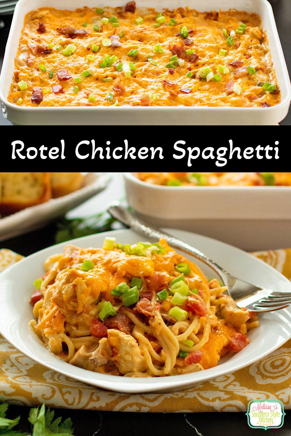 This delicious Rotel Chicken Spaghetti recipe features a homemade cheese sauce seasoned with Rotel tomatoes, rotisserie chicken and bacon. #chickenspaghetti #spaghetti #homemadespaghetti #easychickenrecipes #easypastarecipes #pasta #roteltomatoes #rotelrecipes #rotisseriechickenrecipes #bestchickenspaghetti