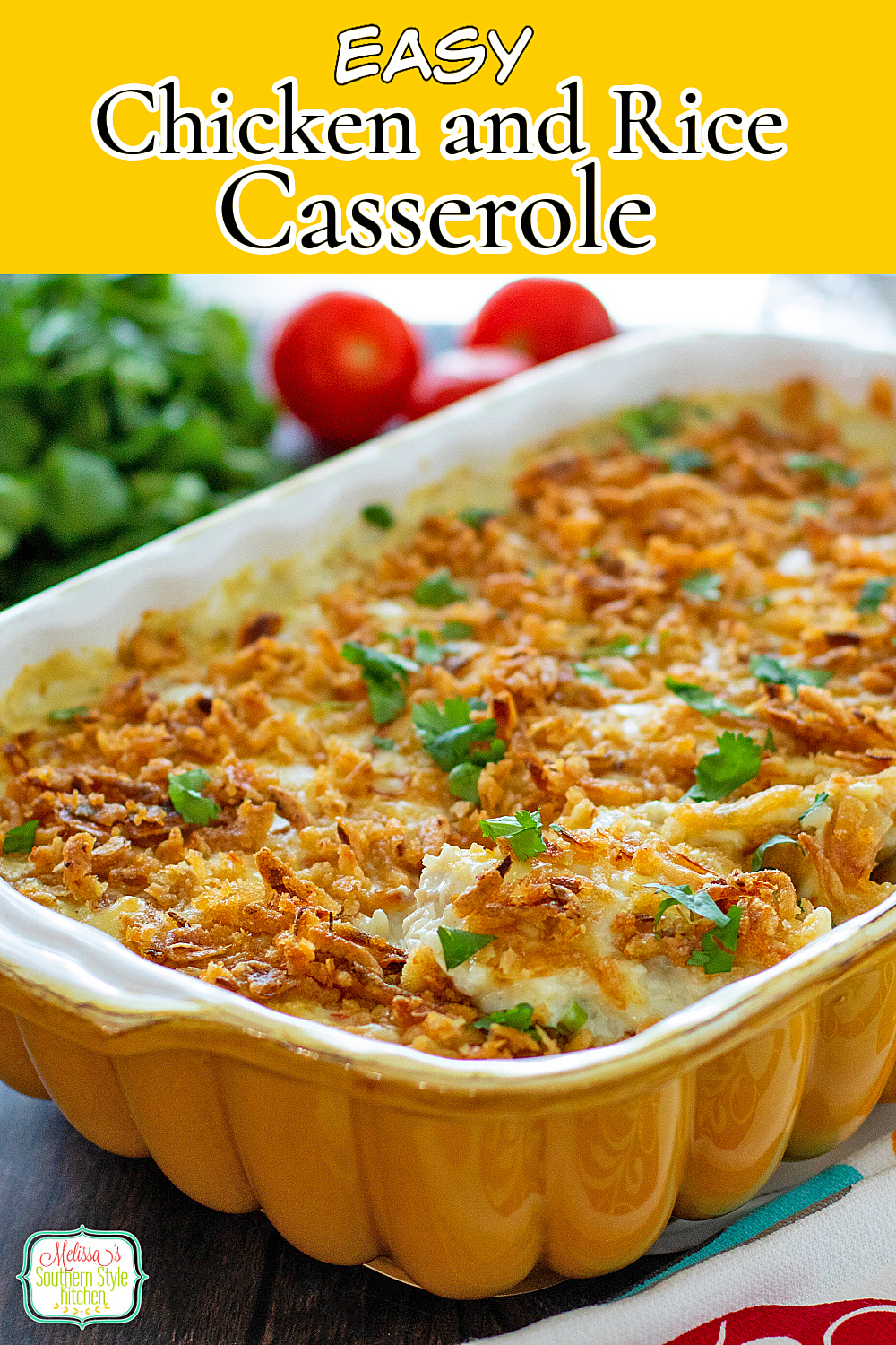 This Easy Chicken and Rice Casserole features plenty of pepper jack cheese and green chiles adding a pop of flavor. #chickencasserole #easychickenrecipes #casseroles #ricerecipes #ricecasserole #chickenandrice