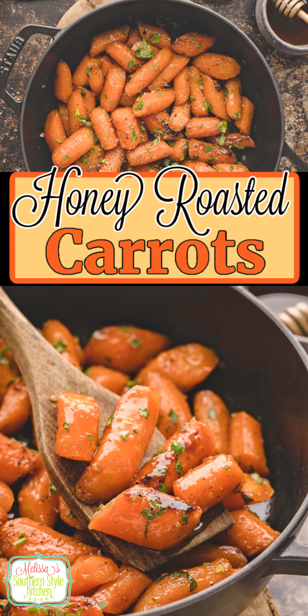 This recipe for Honey Roasted Carrots features a sweet honey butter glaze and simple seasonings to bring out the natural roasted flavor #roastedcarrots #honeyroastedcarrots #glazedcarrots #carrotrecipes #howtoroastcarrots #honeybutterglaze via @melissasssk