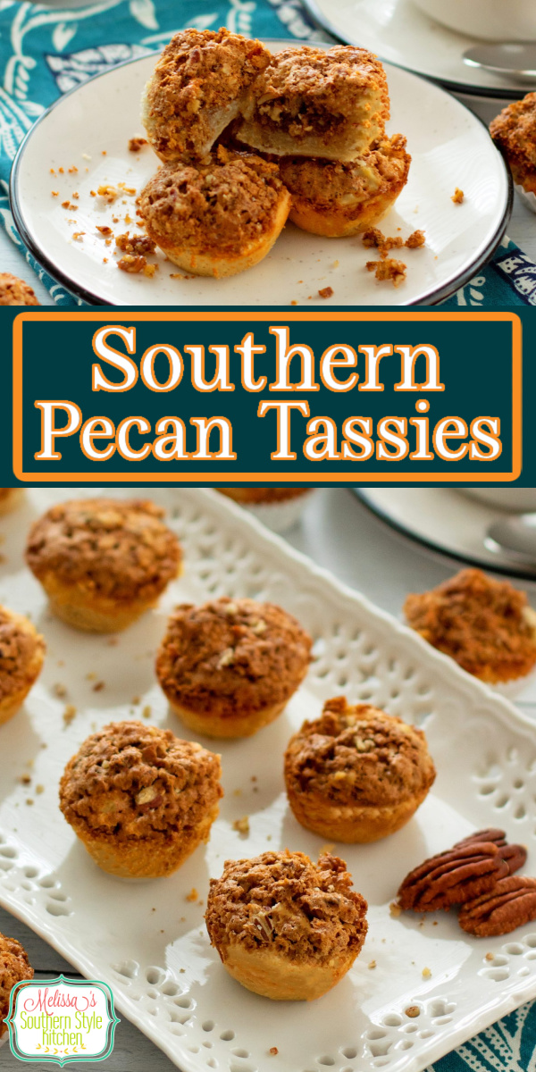 These two bite Southern Pecan Tassies are perfect for the holidays, tea parties and any event when bite size sweets are on the menu #pecantassies #pecancookies #pecanpie #pecandesserts #minidesserts #tassies #tassierecipes