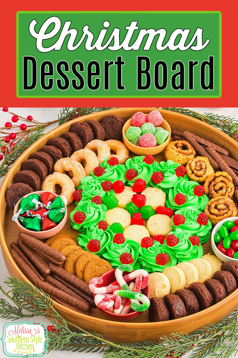 This stunning Christmas Dessert Board features a green tinted homemade buttercream frosting for dipping your favorite cookies and treats. #butterboard #buttercreamfrosting #vanillafrosting #charcuterie #desserts #dessertboard #christmasdesserts #candy #cookies #chocolate via @melissasssk