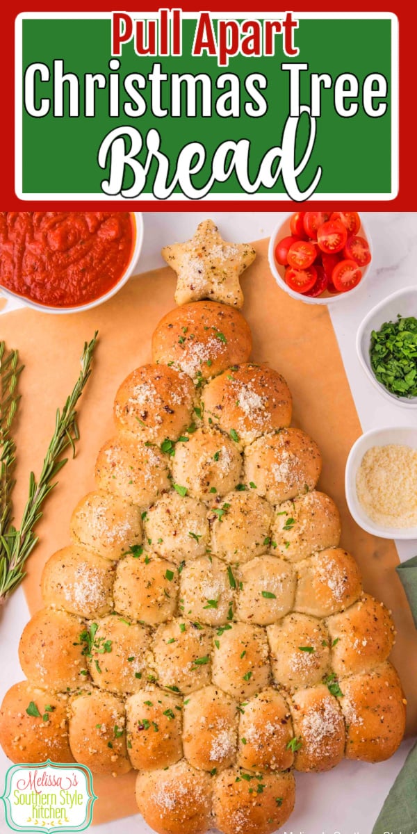 This Pull Apart Christmas Tree Bread features dinner rolls stuffed with mozzarella cheese then basted with Italian seasoned butter #dinnerrolls #christmasrolls #christmasbread #breadrecipes #christmas #christmastreebread #easyrollsrecipes via @melissasssk