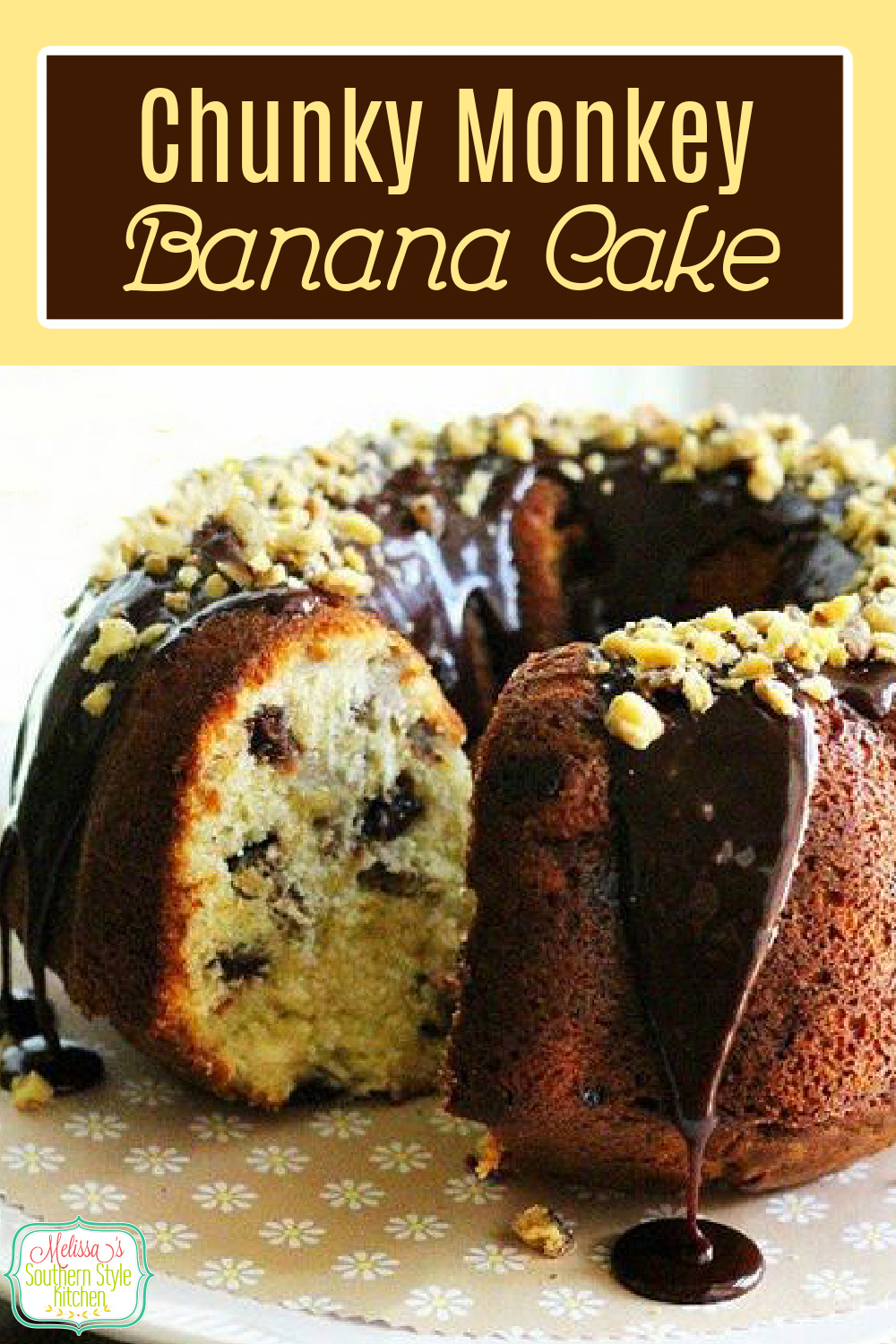 This chocolate glazed Chunky Monkey Banana Cake recipe is a riff on the famous Ben and Jerry's ice cream #bananacake #bundtcakes #bananabundtcake #chunkymonkeycake #cakes #bestcakerecipes #bananas #southerncakes #desserts