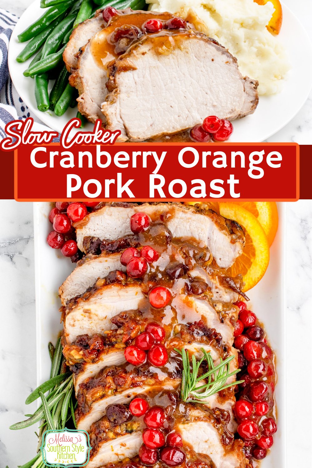 This slow cooker Cranberry Orange Pork Roast features a winning combination of flavors. #porkroast #cranberries #orangepork #easyporkrecipes #crockpotporkroast #porkroastrecipes #cranberryorange #slowcookerpork via @melissasssk