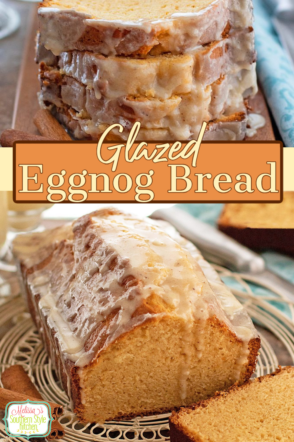 This decadent Glazed Eggnog Bread recipe results in a sweet cake-like treat that's perfect for breakfast, brunch dessert or as a mid morning treat #eggnog #eggnogbread #eggnogdesserts #quickbread #eggnogquickbread #eggnogbreadrecipe via @melissasssk