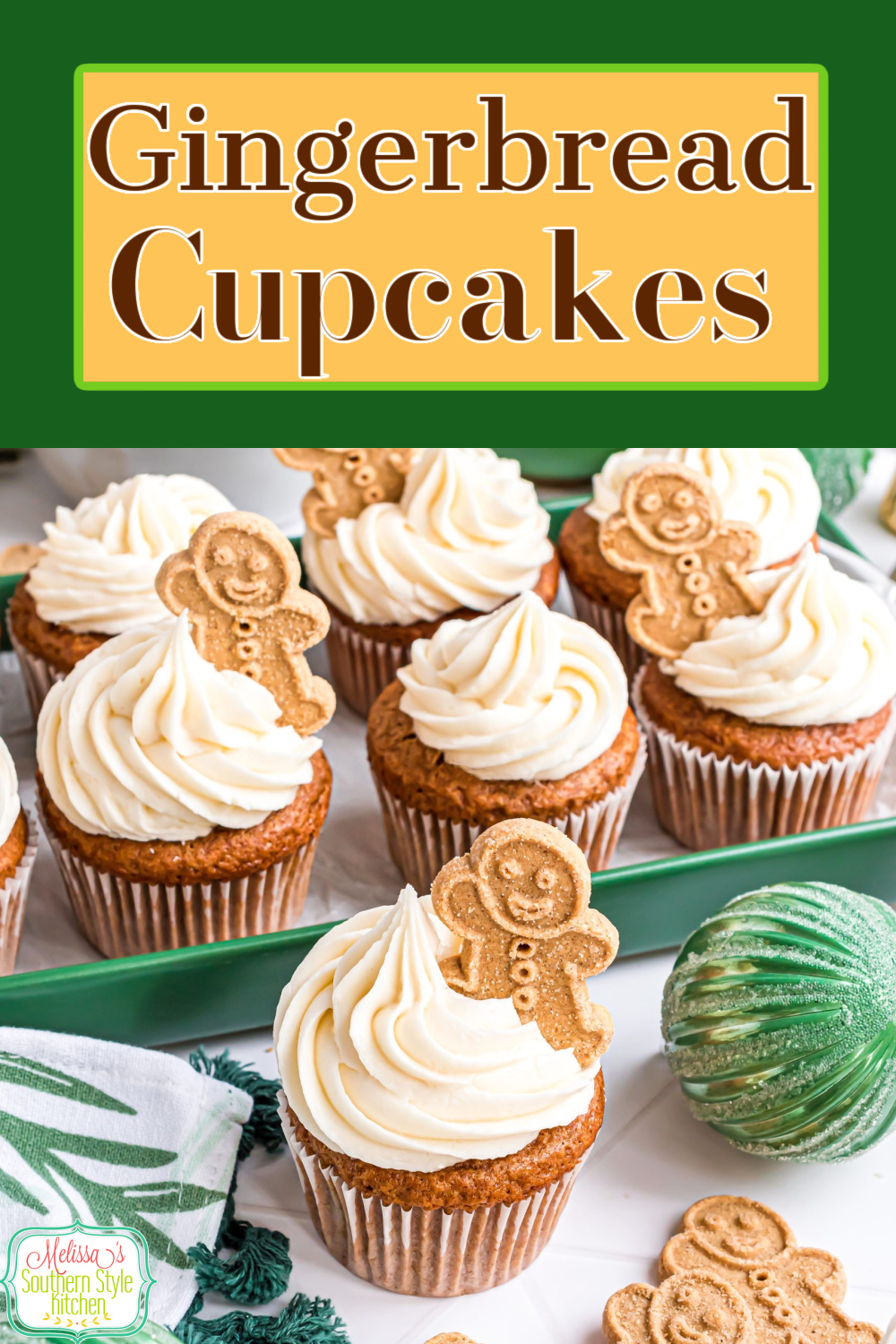 These Gingerbread Cupcakes topped with swirls of eggnog cream cheese frosting will make a fun and festive addition to your holiday desserts. #gingerbreadcupcakes #gingerbreadrecipes #easygingerbreadrecipe #cupcakerecipes #cakemixhacks #creamcheesefrosting #eggnog via @melissasssk