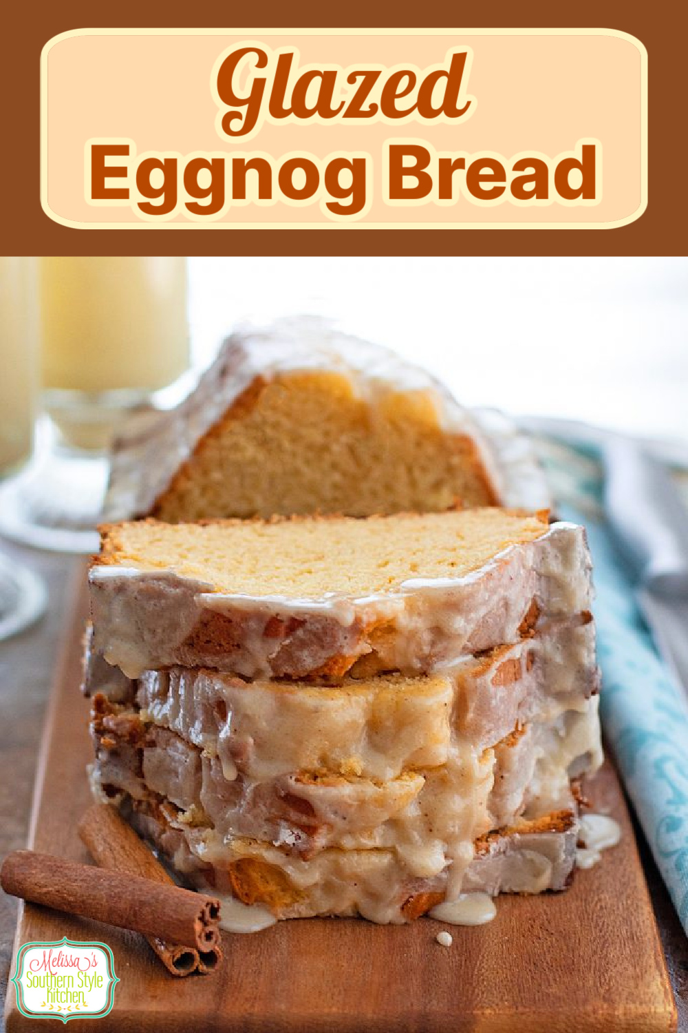 This decadent Glazed Eggnog Bread recipe results in a sweet cake-like treat that's perfect for breakfast, brunch dessert or as a mid morning treat #eggnog #eggnogbread #eggnogdesserts #quickbread #eggnogquickbread #eggnogbreadrecipe