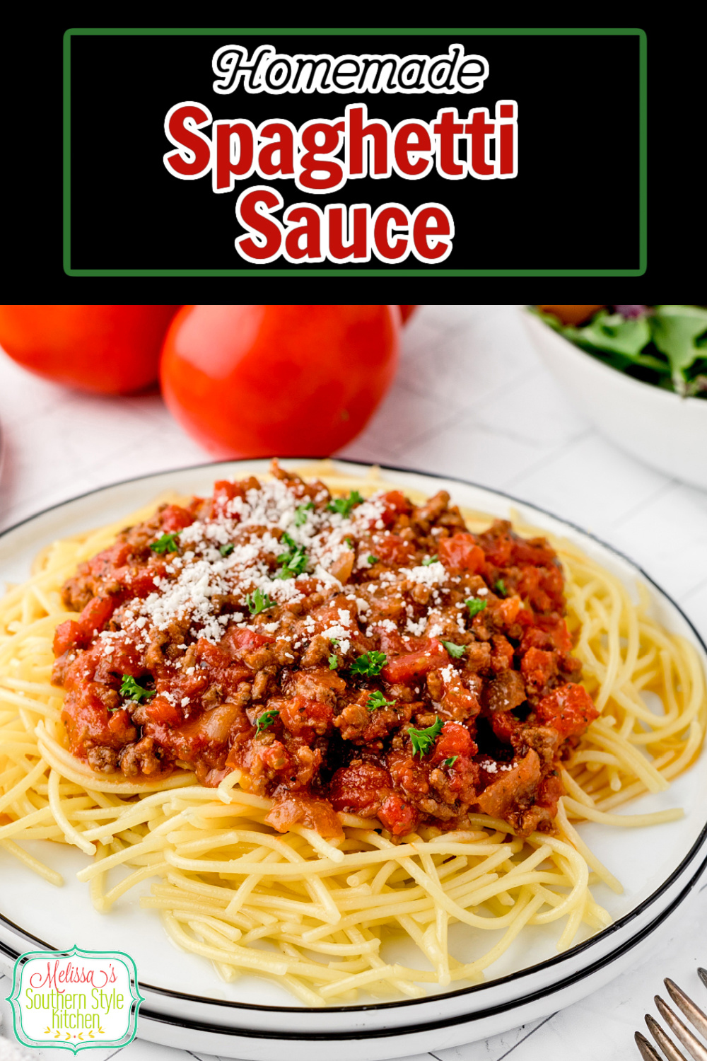 Serve this Homemade Spaghetti Sauce over cooked spaghetti topped with a sprinkle of grated Parmesan cheese and parsley #spaghettisauce #easygroundbeefrecipes #homemadepaghettisauce #Italianfood #spaghettirecipes #bestspaghettisaucerecipe