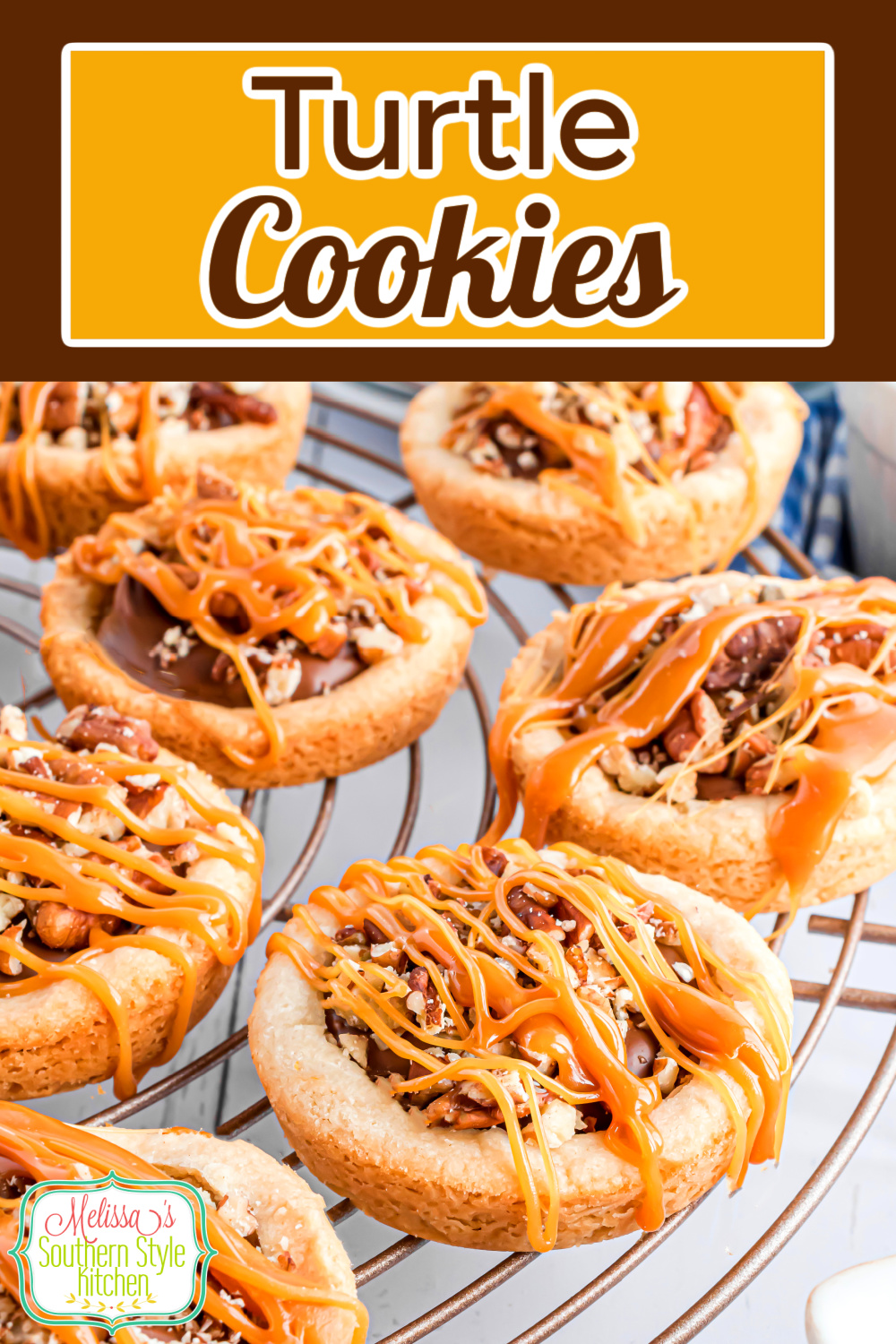 These scratch made Turtle Cookies are baked in a muffin pan to form a delicious cookie bowl to hold the ooey gooey turtle toppings. #turtlecookies #turtlecookiecups #turtles #chocolate #caramelcookies #pecans #pecancookies #cookiebowls