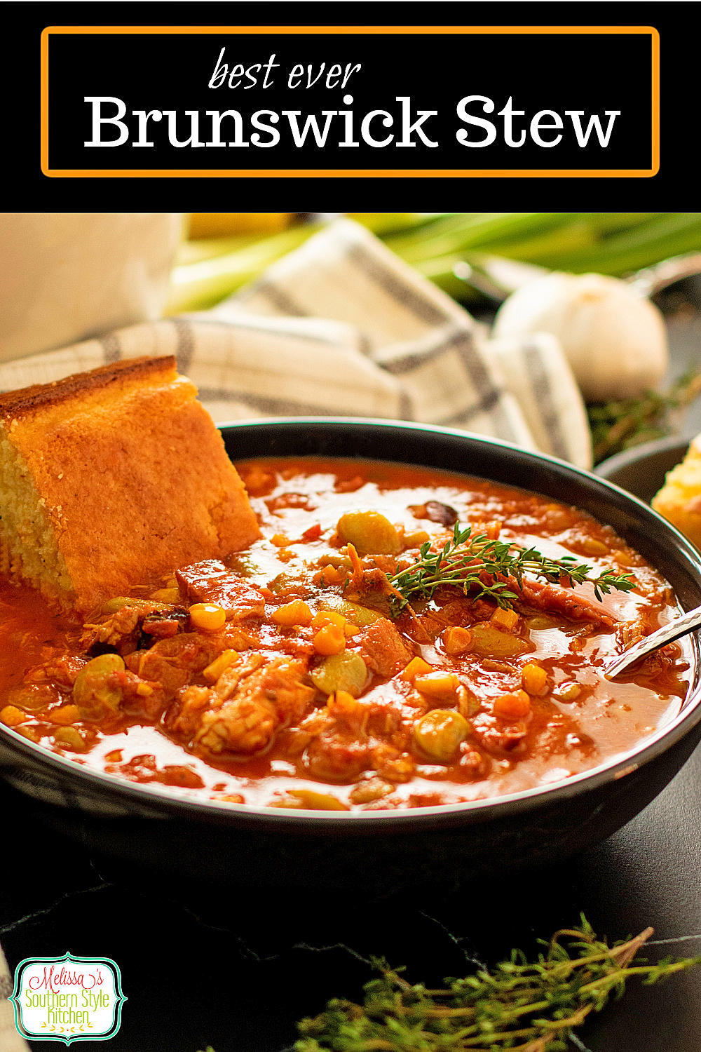 This perfectly seasoned Brunswick Stew features pulled chicken, smoked pork and smoked brisket combined with classic lima beans and corn. #brunswickstew #chickenstew #stewrecipes #easystewrecipes #pulledpork #smokedbrisketrecipes #soup #easybrunswickstew