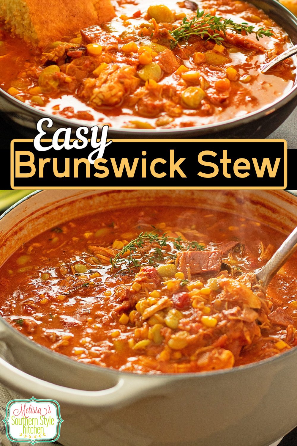 This perfectly seasoned Brunswick Stew features pulled chicken, smoked pork and smoked brisket combined with classic lima beans and corn. #brunswickstew #chickenstew #stewrecipes #easystewrecipes #pulledpork #smokedbrisketrecipes #soup #easybrunswickstew via @melissasssk