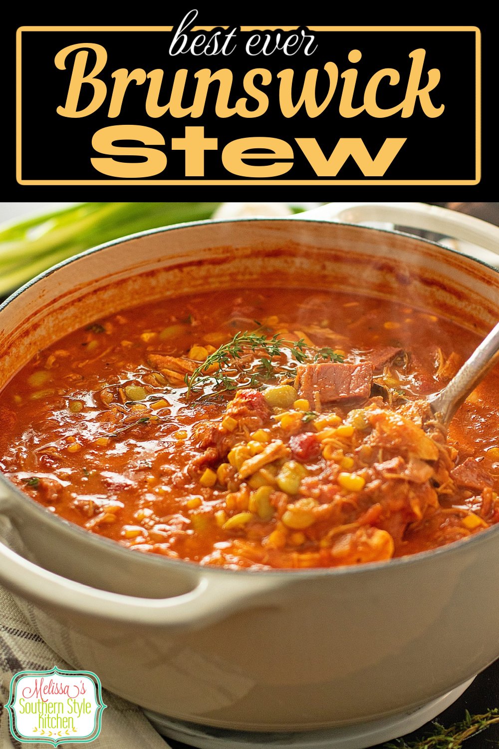 This perfectly seasoned Brunswick Stew features pulled chicken, smoked pork and smoked brisket combined with classic lima beans and corn. #brunswickstew #chickenstew #stewrecipes #easystewrecipes #pulledpork #smokedbrisketrecipes #soup #easybrunswickstew via @melissasssk