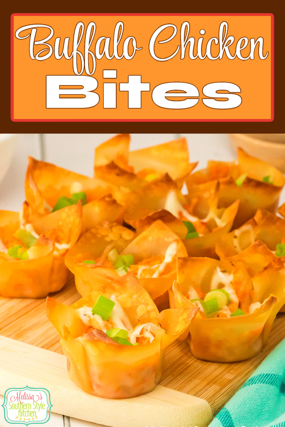 These easy Buffalo Chicken Bites made in wonton cups are a fun appetizer for game day, casual parties and holiday gatherings. #buffalowings #chickenwings #buffalochickenbites #wontons #appetizerrecipes #gaemdayrecipes #chickenrecipes #chickenappetizers #wings via @melissasssk