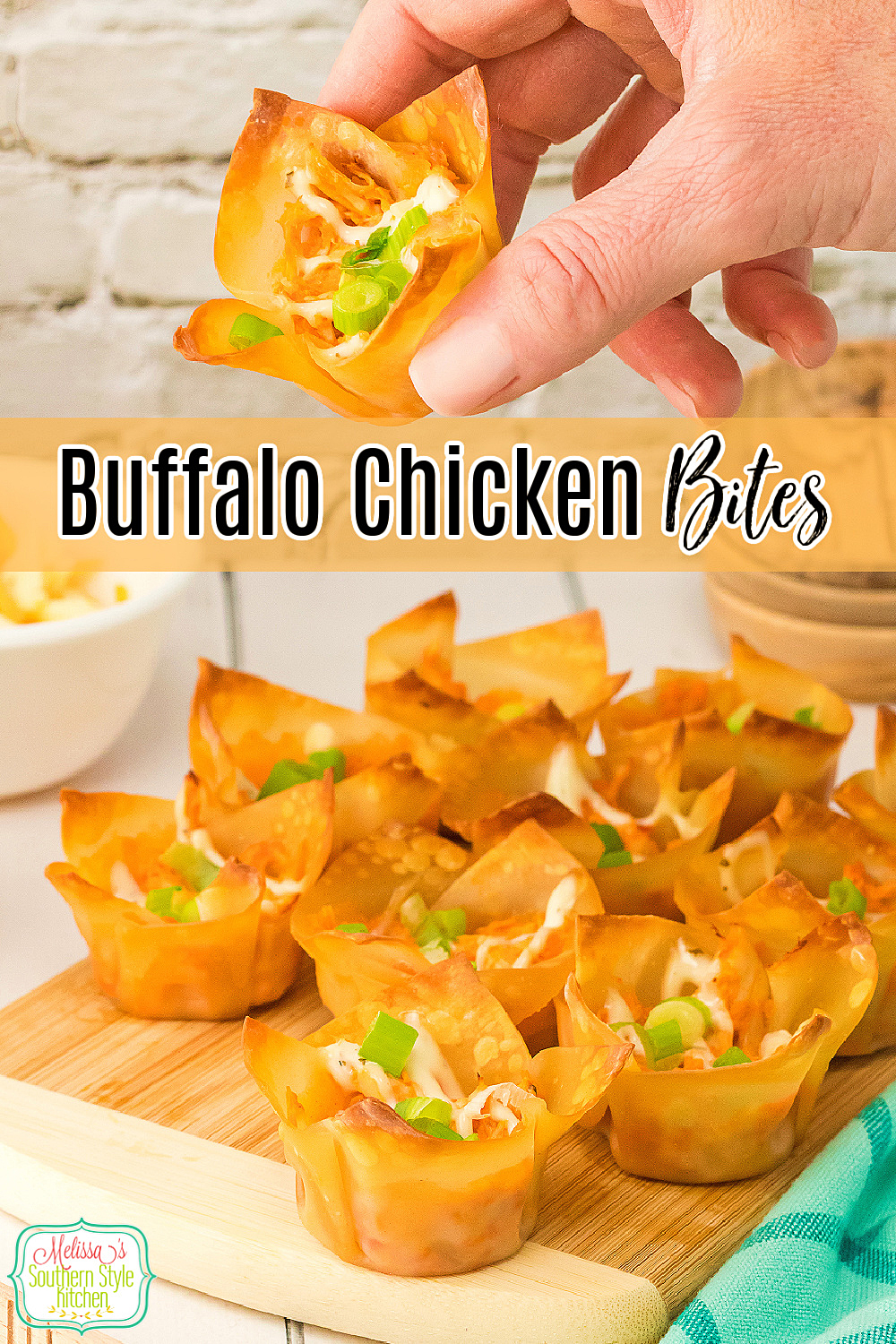 These easy Buffalo Chicken Bites made in wonton cups are a fun appetizer for game day, casual parties and holiday gatherings. #buffalowings #chickenwings #buffalochickenbites #wontons #appetizerrecipes #gaemdayrecipes #chickenrecipes #chickenappetizers #wings